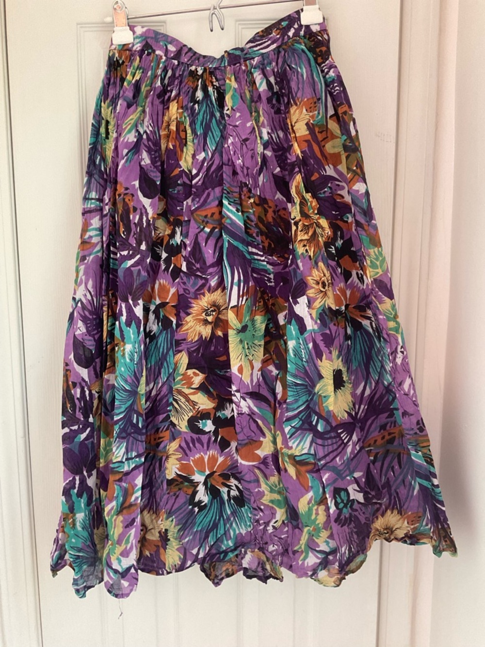 Purple Floral Midi Skirt Women cotton 13” unstretched by 36” elastic waist